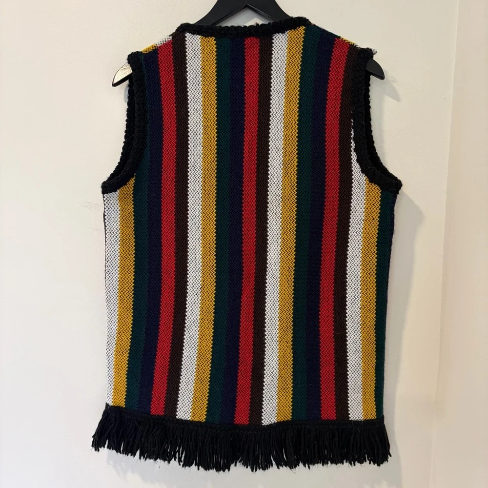 Vintage Sears Cardigan Sweater Vest Striped Fringe 60s 70s Boho Hippie Mod Knit